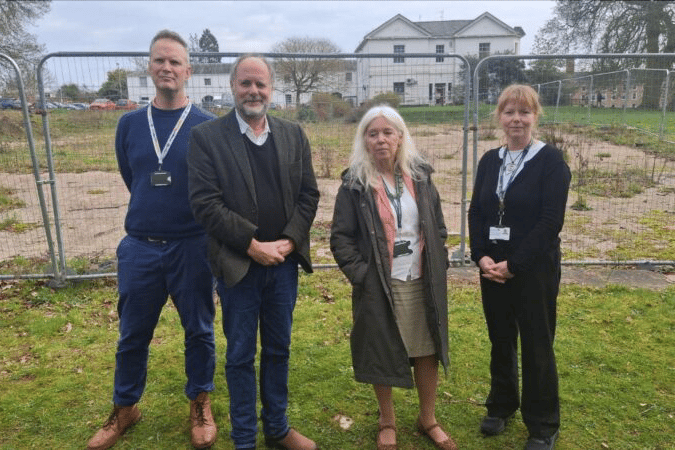 L to R: Councillor Richard Jefferies, Councillor Julian Brazil, Councillor Jacqi Hodgson, Councillor Denise Bickley, stood on the site where the Matford Offices used to be at County Hall, Exeter.