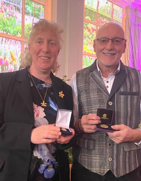Sara Rittershausen and Arthur Bell with their awards at the Royal Horticultural Society. Photo contributed