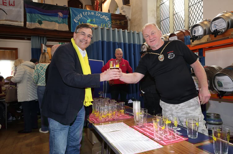 Mayor of Dawlish Cllr Anthony James, right, with MP Martin Wrigley at the first Dawlish Beer Festival. Photo Bob Simpson