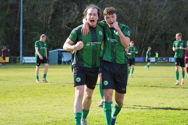 Ivybridge duo Josh Johnson and Ryan Smith celebrate in draw with Paulton