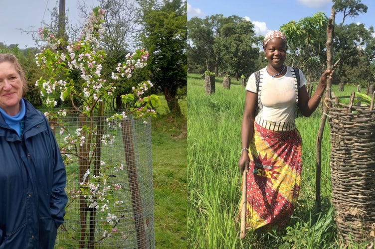 Anna Dunscombe and Rokia in Mali with newly planted fruit trees. Photo contributed