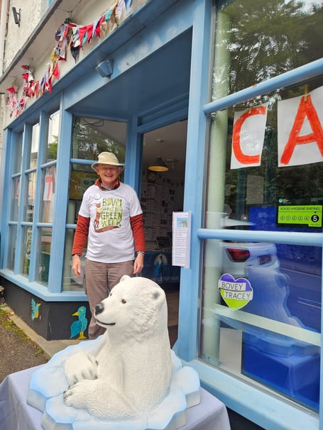 Bovey Tracey town councillor Steve Oldrieve modelling a bespoke T-shirt designed by illustrator Sarah Mcintyre. photo contributed 
