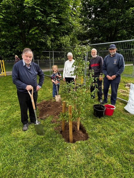 Left to right Richard Taylor, Austin Stewart, Cllr Sheila Brooke, Michael Sansom, Peter Burgess with the maple tree. photo contributed 