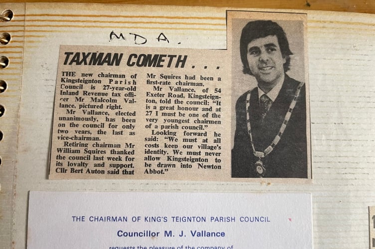 Malcolm Vallance's appointment as chairman of Kingsteignton Parish Council as reported by the Mid Devon Advertiser in 1976. Photo contributed