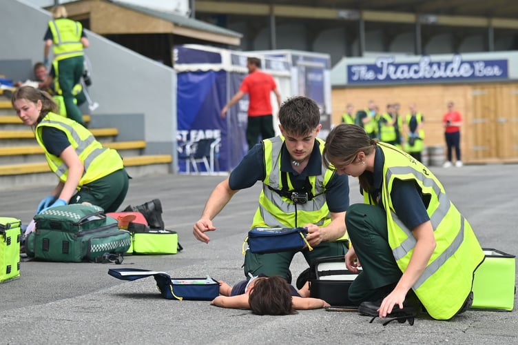 Simulated explosion and emergency response training exercise at Newton Abbot Racecourse