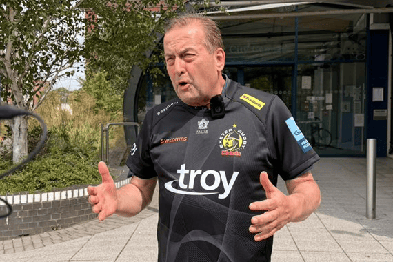 Exeter City Council leader Phil Bialyk sporting Chiefs colours