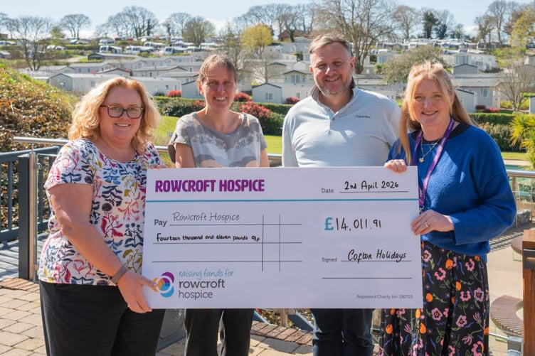 Pictured handing over the cheque are, left to right, Cofton Holidays Directors Helen Scott, Mellony Kirby and Chris Jeffery with Lisa Whittaker - Corporate Fundraiser, Rowcroft. Photo contributed