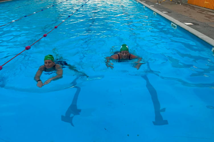 Tracy Dommett and Sue Kerswell swimming at Buckfastleigh open air pool