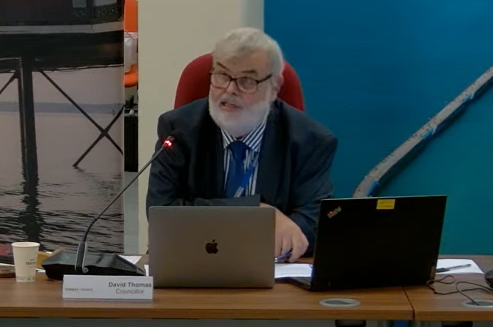 Cllr David Thomas addresses the meeting (Image courtesy: Torbay Council/YouTube) 