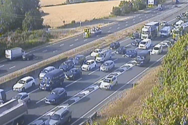 Traffic was queuing east-bound on the A38/A380 at Splatford Split