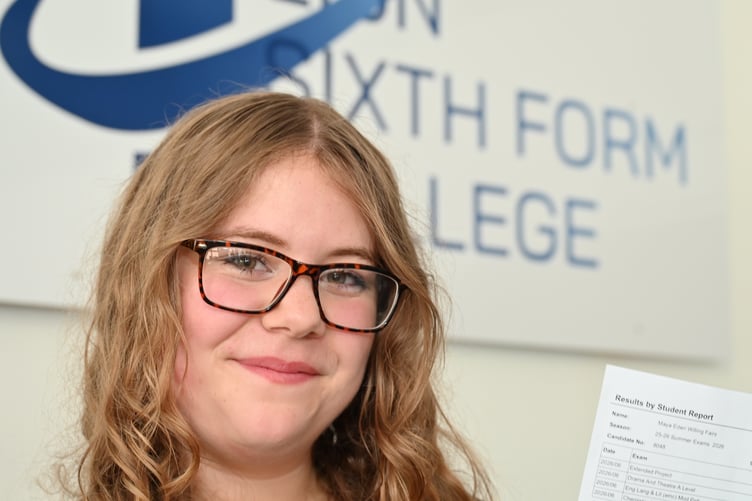 A-Level results at Kingsteignton's Teign School. Maya Fairs was delighted with her four A stars that have secured her a well-deserved place at the University of Birmingham to study Drama and Creative Writing.
'I've worked myself really hard and results were exactly what I was hoping for,' she said.