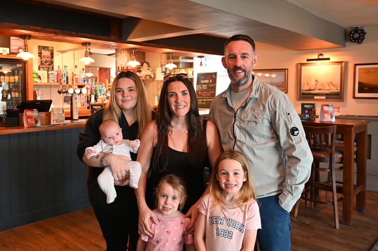 White Hart, Newton Abbot. Aleesha Atkinson-Bourne with Theo, Kate Atkinson, Chris Forster and Piper and Meredith Atkinson-Forster