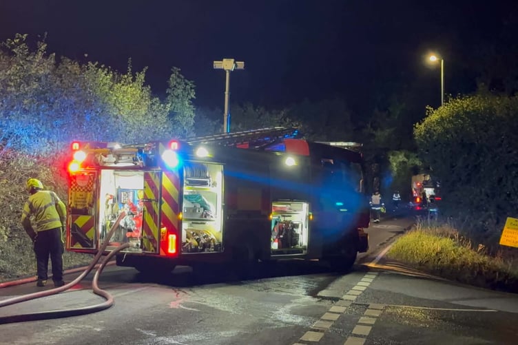 Fire crews attending a tractor fire at the Ogwell roundabout on the A381 Totnes Road, Newton Abbot . Photo: Josh Rowlands