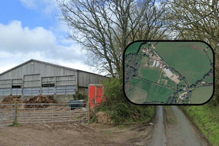Background: The agricultural building. Inset: An aerial shot of the site at land adjacent to West View Farm, Dunsford