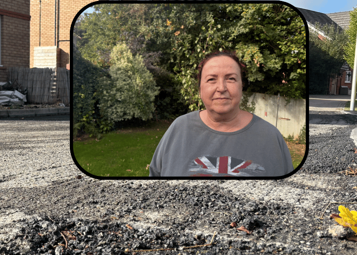 Resident Sally and the unfinished road surface at Hele Park